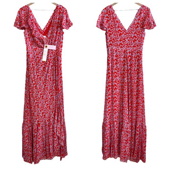 $795 TANYA TAYLOR NWT Designer Silk Boho Red Purple Floral Maxi Dress — Size 6 - Picture 7 of 15